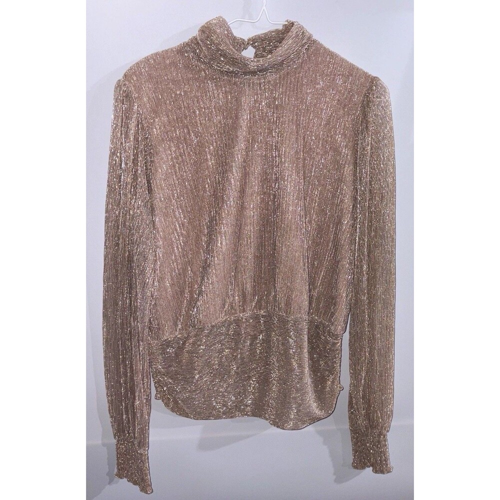 Joie Women’s Top L Gold Metallic Glitter Knit Mock Neck Long Sleeve Pullover
